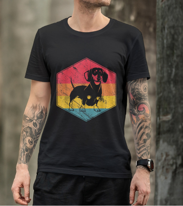 Retro Dachshund Dog With Hexagon Rainbow Stripes Vintage Birthday T-Shirt