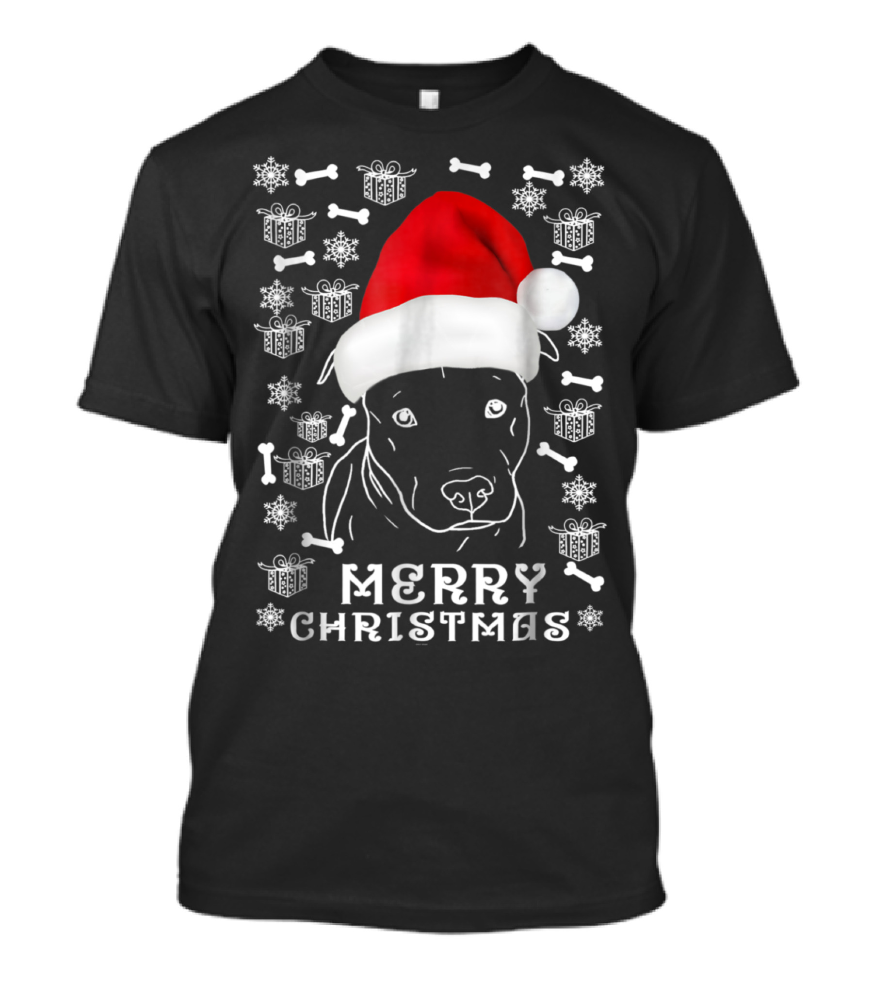 Merry Christmas Pitbull Santa Hat Snowflakes Gifts Bones T-Shirt