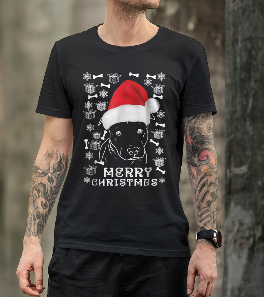 Merry Christmas Pitbull Santa Hat Snowflakes Gifts Bones T-Shirt