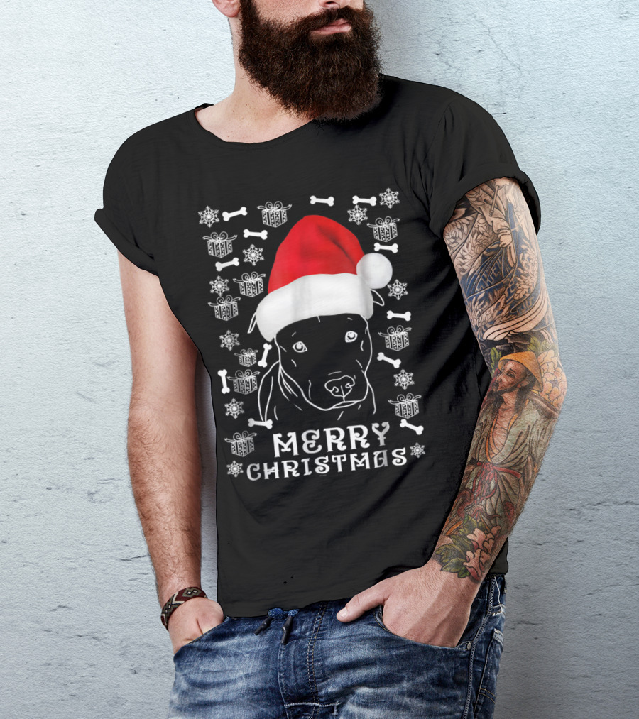 Merry Christmas Pitbull Santa Hat Snowflakes Gifts Bones T-Shirt