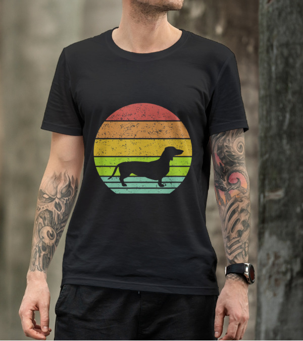 Retro Dachshund Silhouette With Vintage Rainbow Stripes T-Shirt