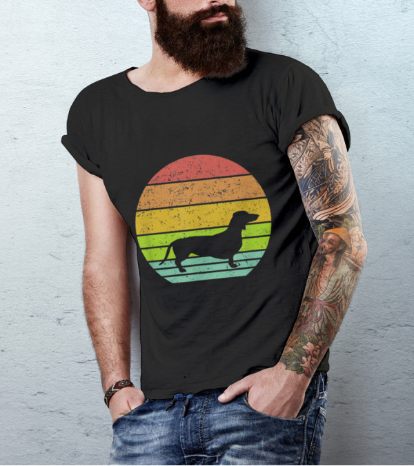 Retro Dachshund Silhouette With Vintage Rainbow Stripes T-Shirt
