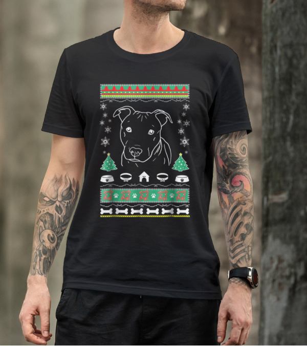 Pitbull Winter Holiday Snowflakes Christmas Trees Paw Prints Bones T-Shirt