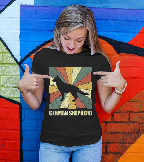 Vintage German Shepherd Dog Lover Retro Silhouette With Colorful Geometric Background T-Shirt