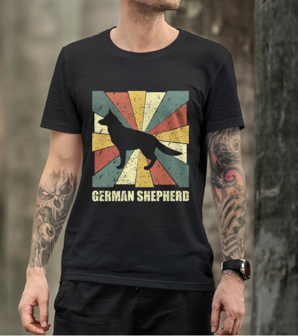 Vintage German Shepherd Dog Lover Retro Silhouette With Colorful Geometric Background T-Shirt