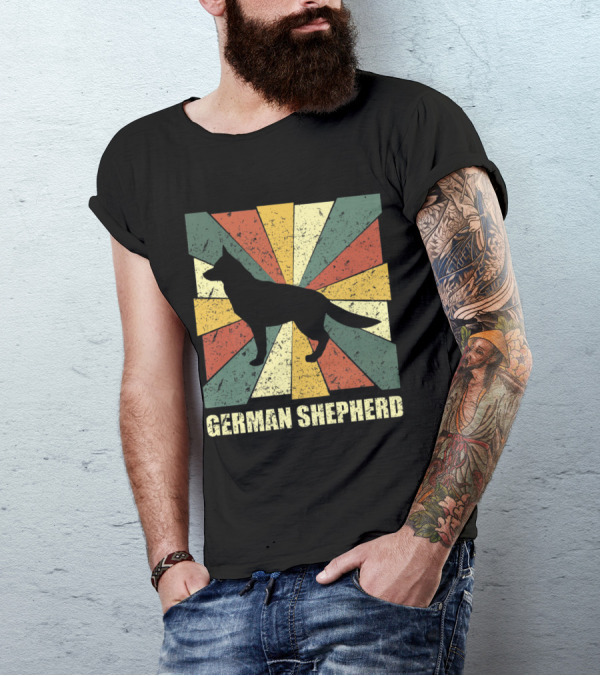 Vintage German Shepherd Dog Lover Retro Silhouette With Colorful Geometric Background T-Shirt