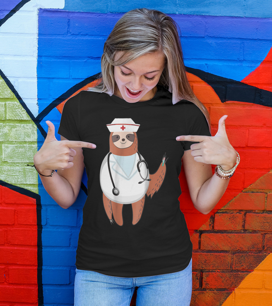 Sloth Nurse With Stethoscope And Syringe Wearing Medical Scrub Top Nurse's Hat T-Shirt