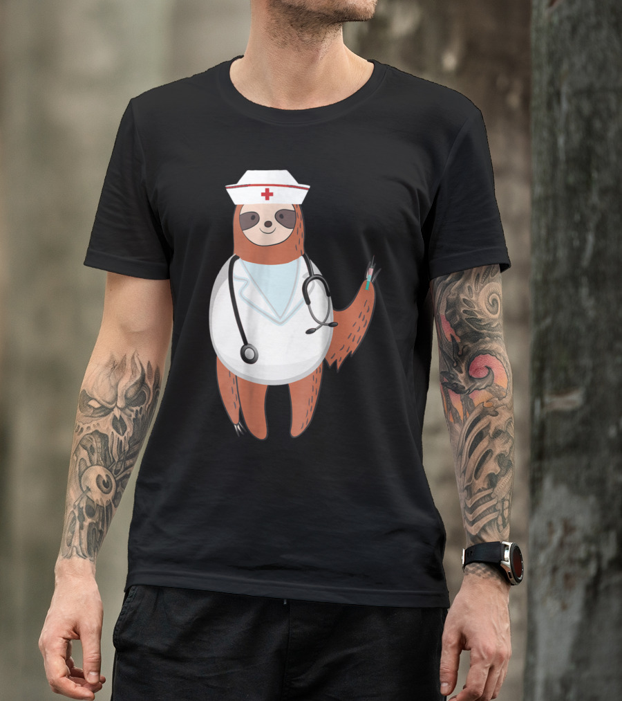 Sloth Nurse With Stethoscope And Syringe Wearing Medical Scrub Top Nurse's Hat T-Shirt