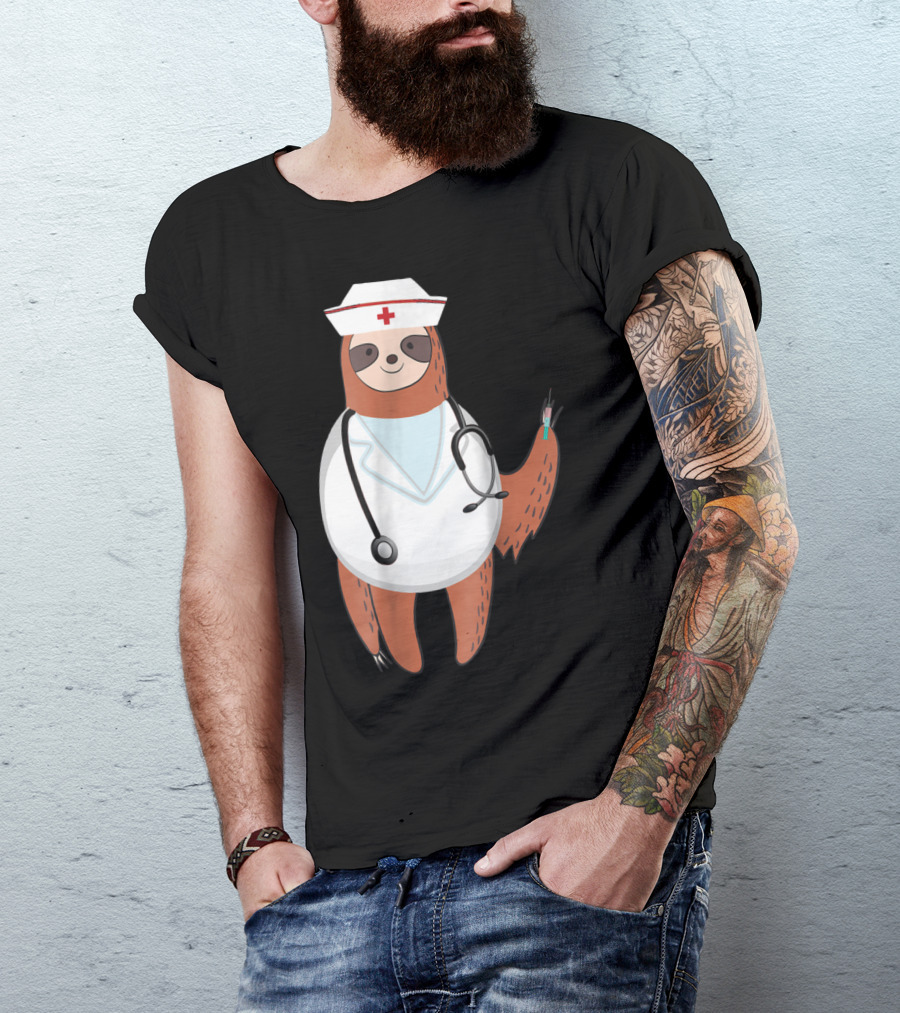Sloth Nurse With Stethoscope And Syringe Wearing Medical Scrub Top Nurse's Hat T-Shirt