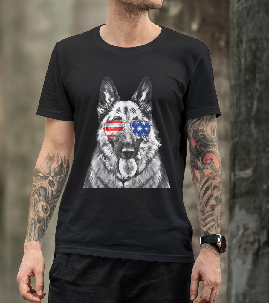Vintage German Shepherd Dog With American Flag Sunglasses T-Shirt