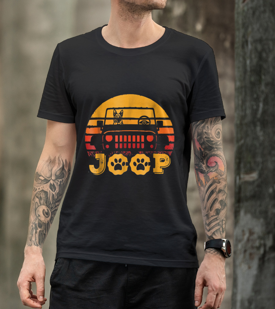 Vintage German Shepherd Dog Jeep Sunset With Paw Print Accents T-Shirt