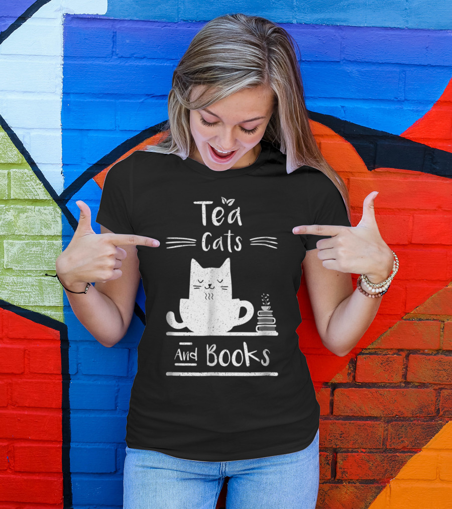 Calm And Cozy Tea Cats Relaxing With Stack Of Books T-Shirt