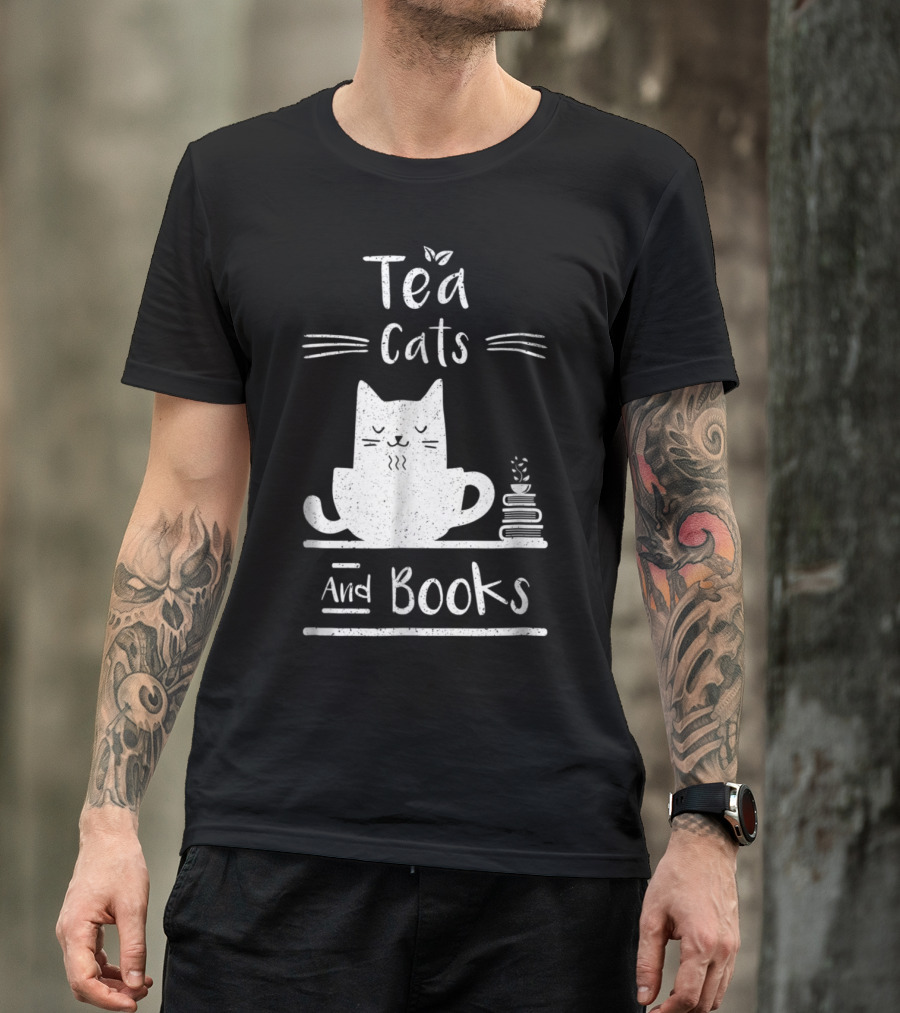 Calm And Cozy Tea Cats Relaxing With Stack Of Books T-Shirt