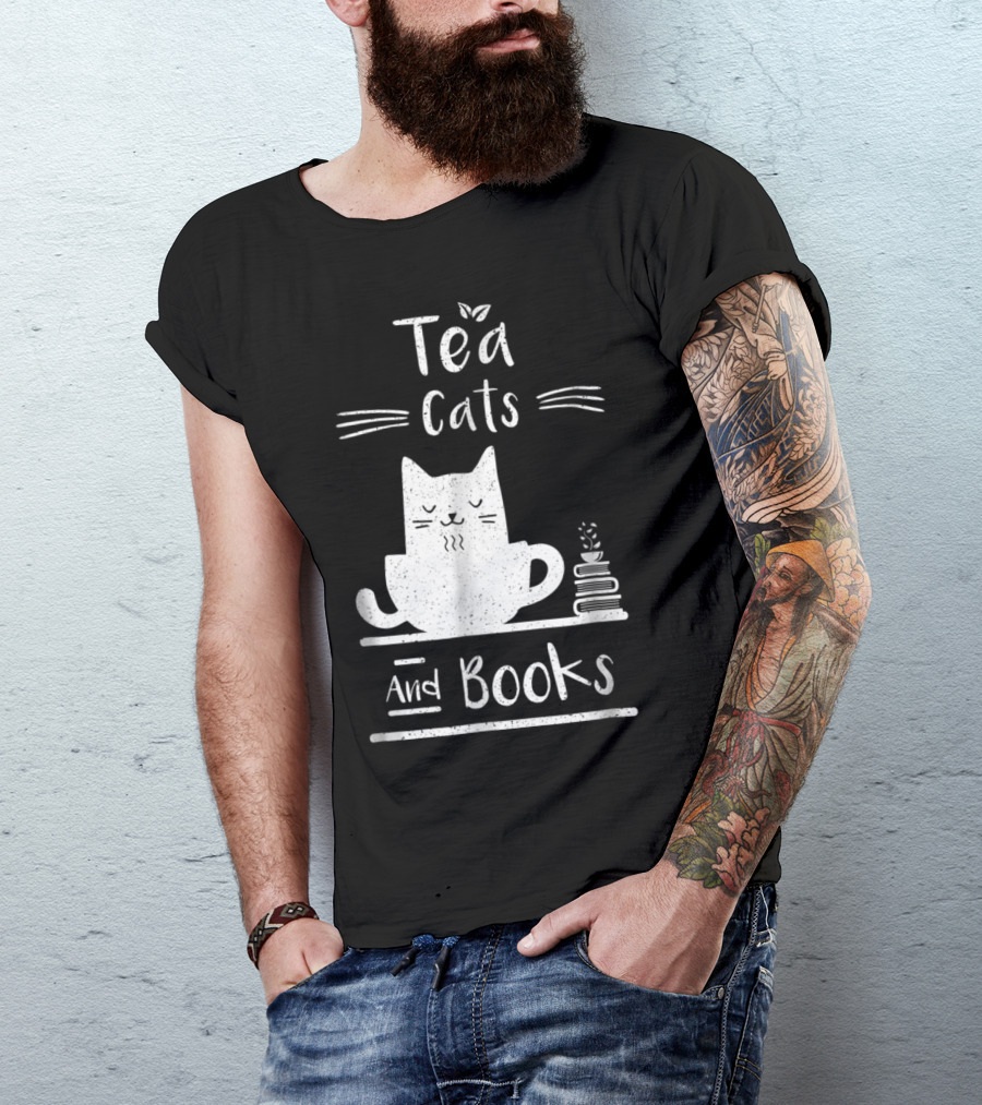 Calm And Cozy Tea Cats Relaxing With Stack Of Books T-Shirt