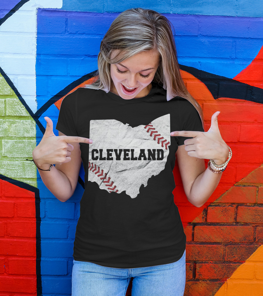 Cleveland Baseball Ohio State Map With Red Stitching T-Shirt