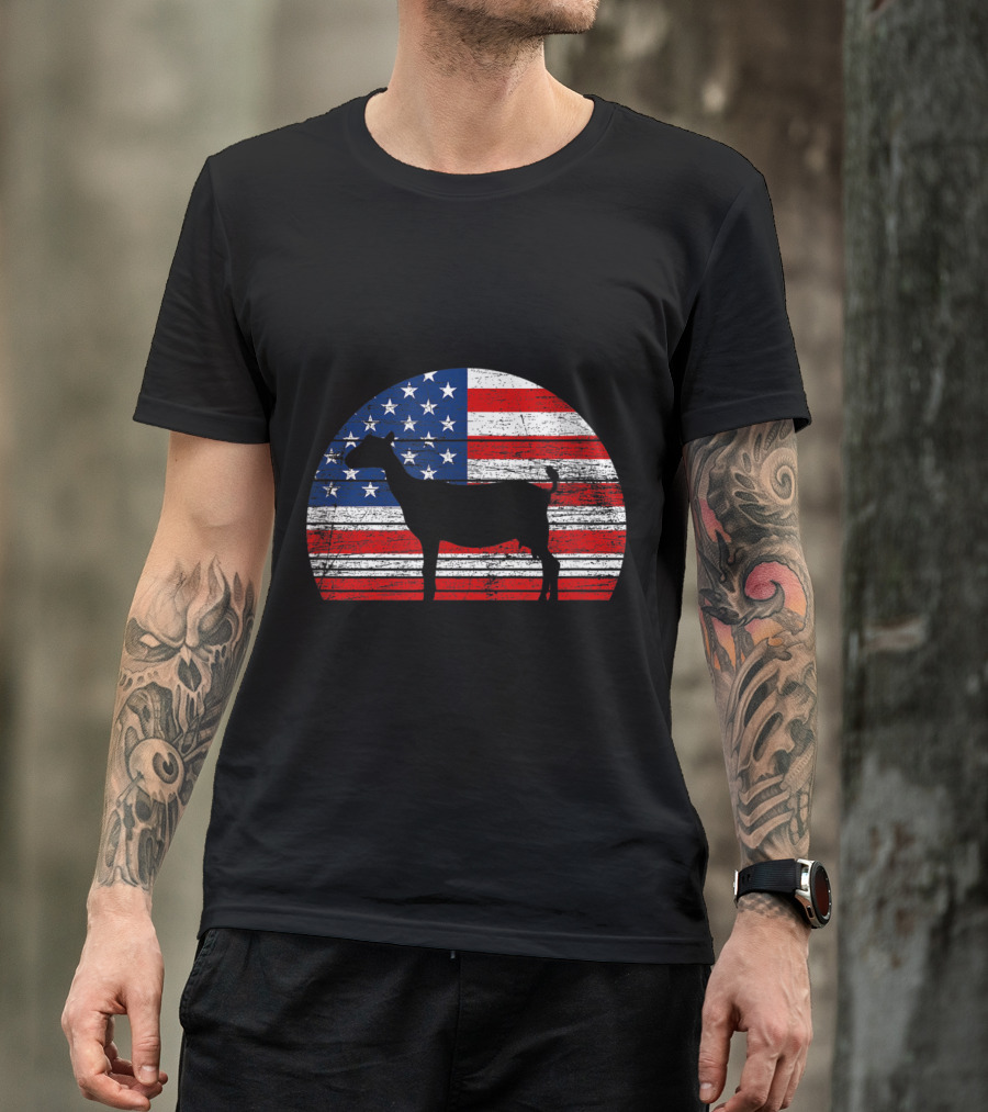 Vintage Goat Silhouette On Distressed American Flag Background T-Shirt