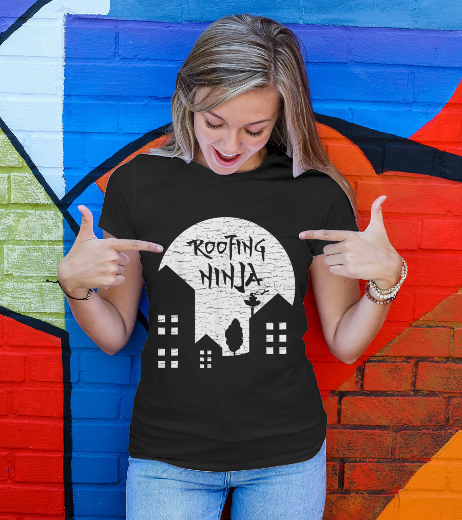 Roofing Ninja Silhouette With Moonlit Rooftop Scene T-Shirt