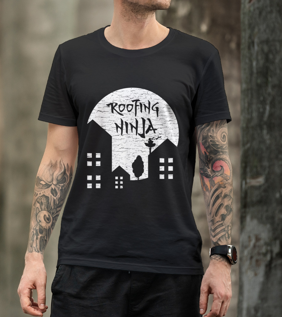 Roofing Ninja Silhouette With Moonlit Rooftop Scene T-Shirt
