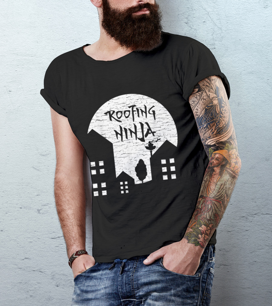 Roofing Ninja Silhouette With Moonlit Rooftop Scene T-Shirt