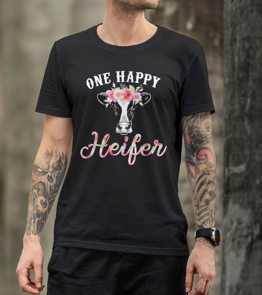 One Happy Heifer Floral Crown Cow T-Shirt