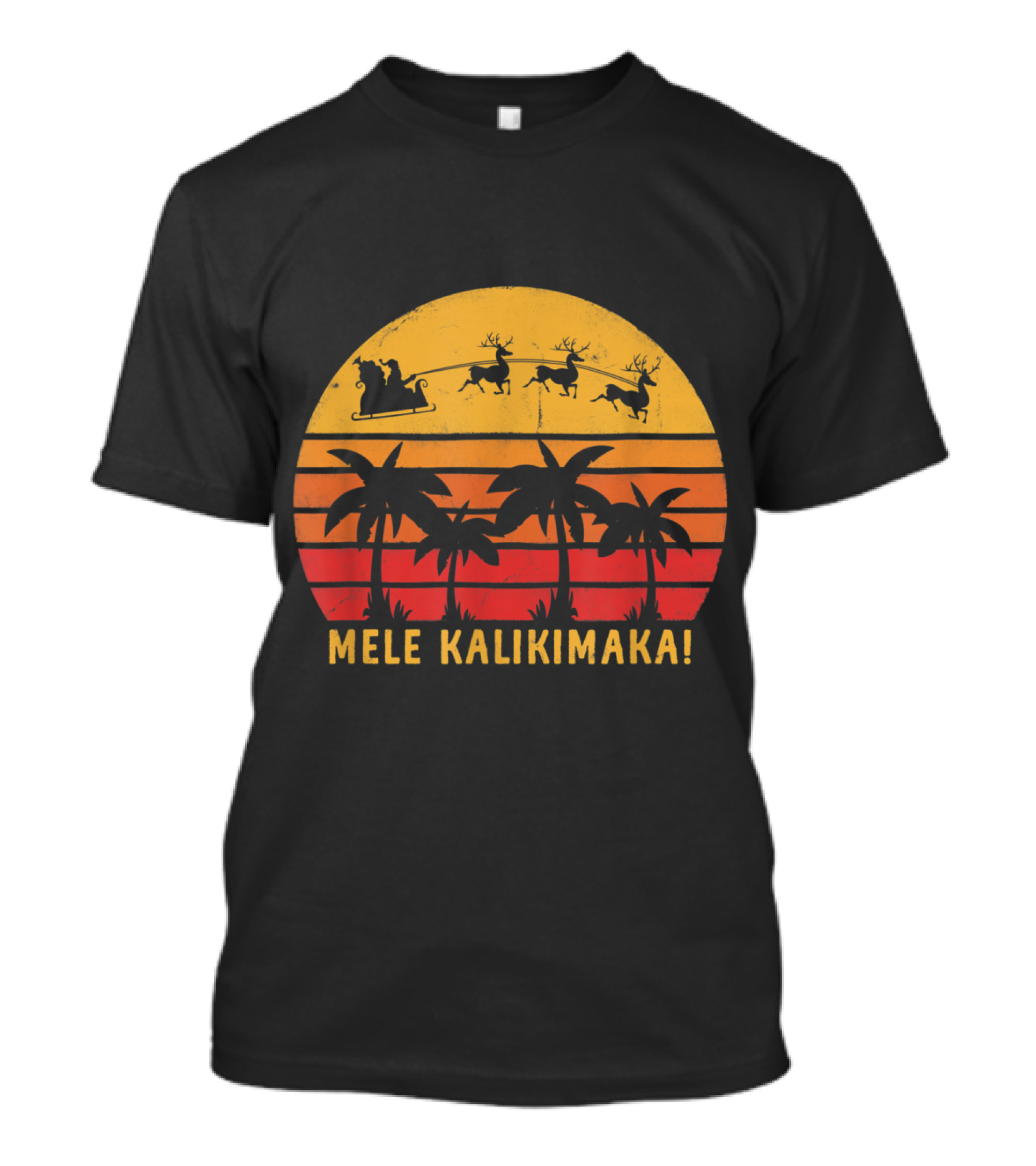 Mele Kalikimaka Christmas Santa Sleigh Palm Trees Sunset T-Shirt