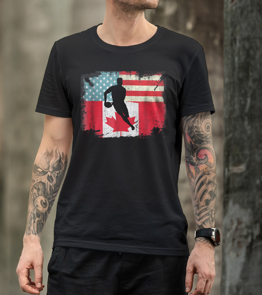 Distressed American And Canadian Flag Rugby T-Shirt