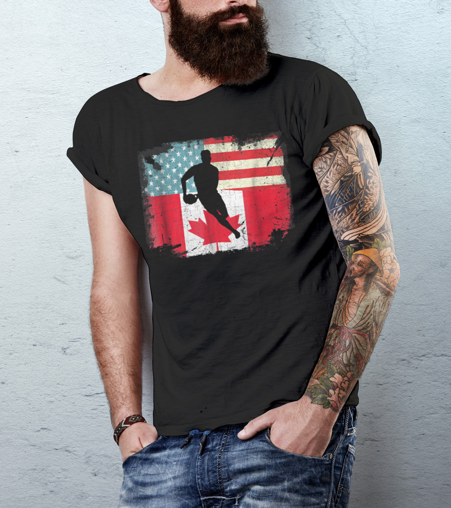 Distressed American And Canadian Flag Rugby T-Shirt