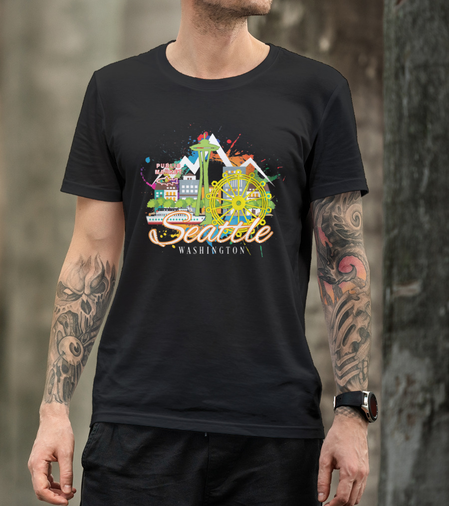 Seattle Washington Skyline Featuring Space Needle And Public Market T-Shirt