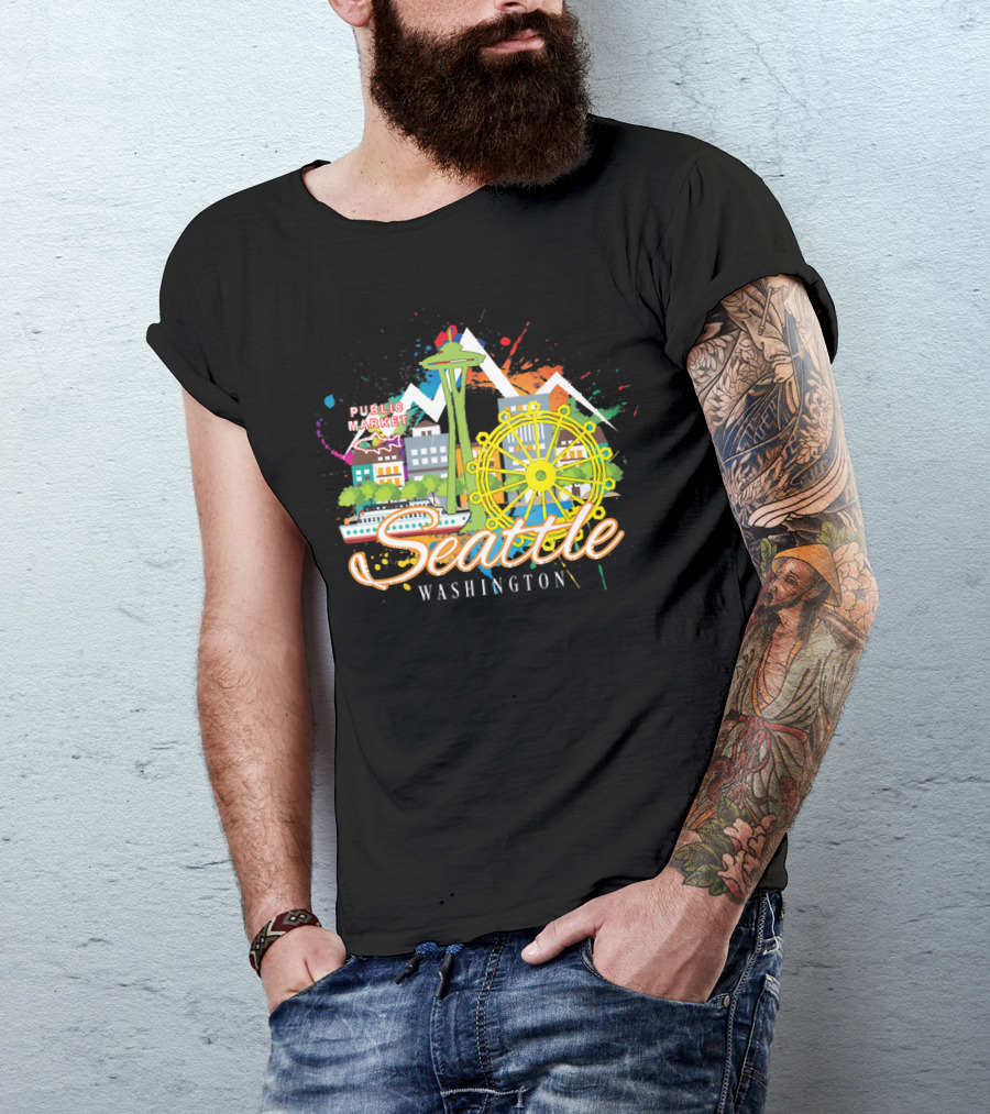 Seattle Washington Skyline Featuring Space Needle And Public Market T-Shirt