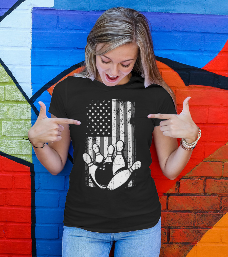 Distressed American Flag With Bowling Pins T-Shirt