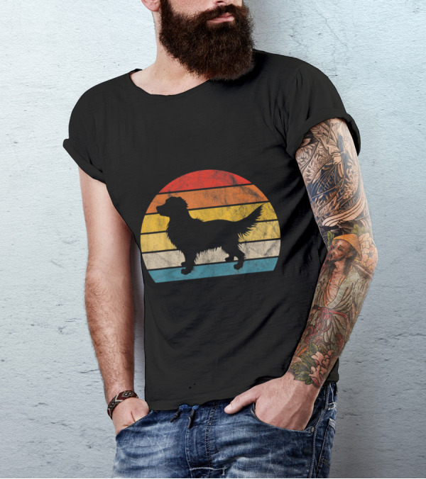 Golden Retriever Sunset Silhouette Retro Stripes T-Shirt