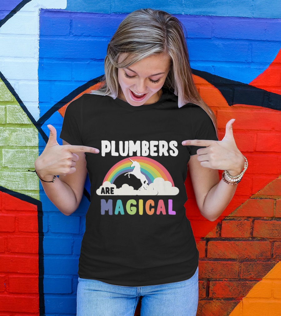 Plumbers Are Magical With Unicorn And Rainbow Motif T-Shirt