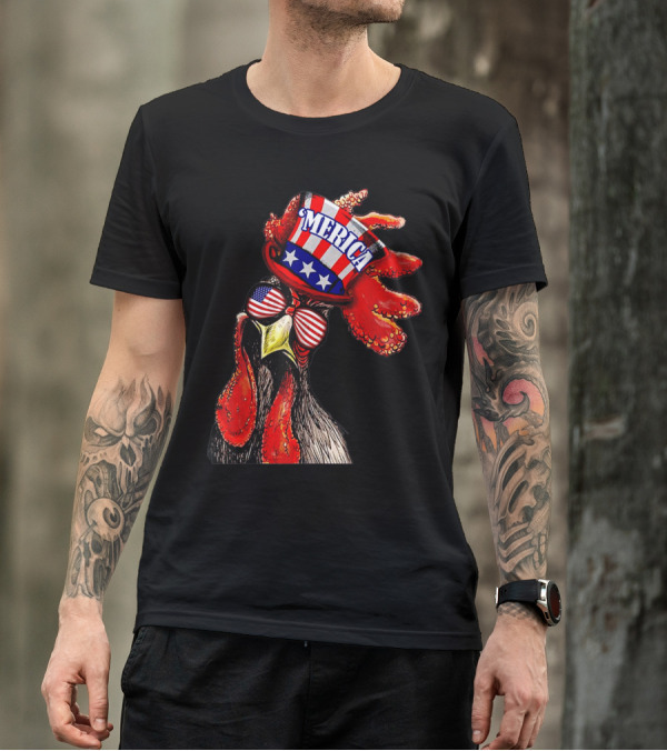 Rooster With 'Merica Patriotic Hat And USA Flag Glasses T-Shirt
