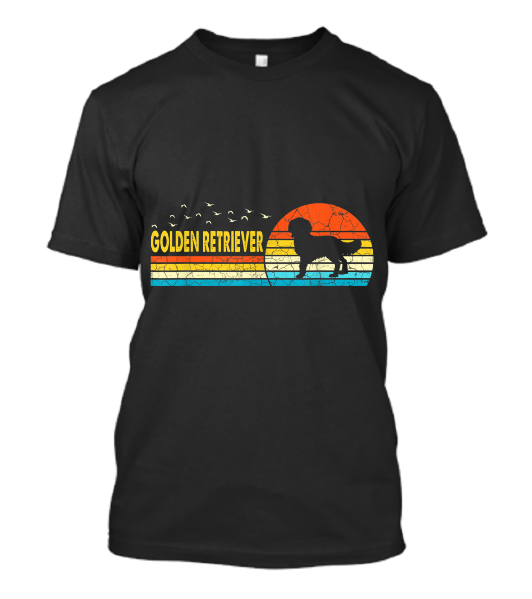 Golden Retriever Silhouette Retro Sunset With Flying Birds Stripes T-Shirt