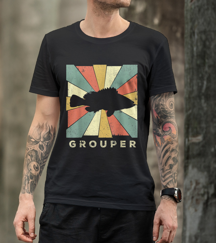 Retro Grouper Fish Silhouette With Vintage Sunburst Background T-Shirt