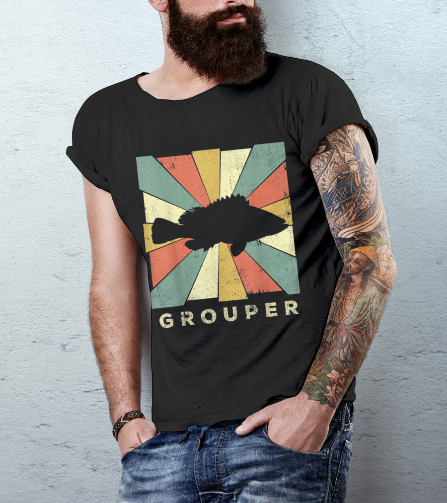 Retro Grouper Fish Silhouette With Vintage Sunburst Background T-Shirt