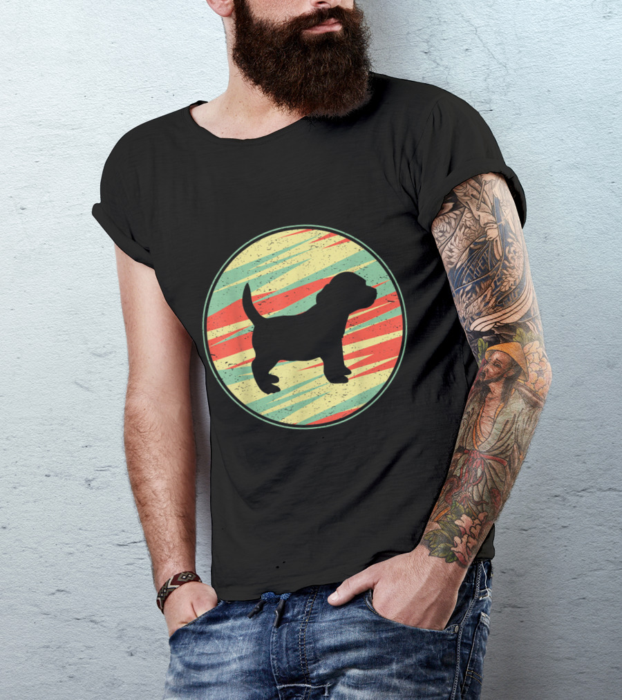 Retro Striped Circle Silhouette Of Pocket Beagle Puppy T-Shirt