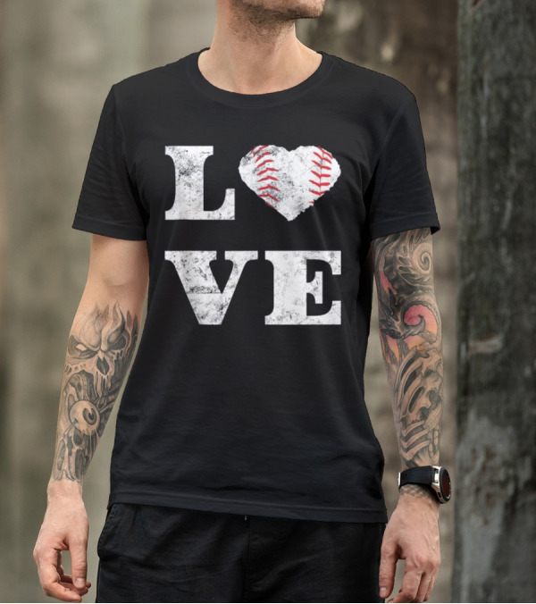 Love Baseball Heart Shape With Stitching T-Shirt