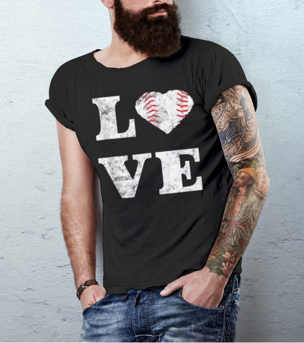 Love Baseball Heart Shape With Stitching T-Shirt