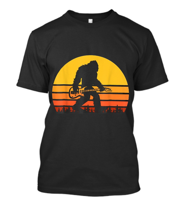 Bigfoot Silhouette Playing Guitar In Sunset Forest Scene T-Shirt