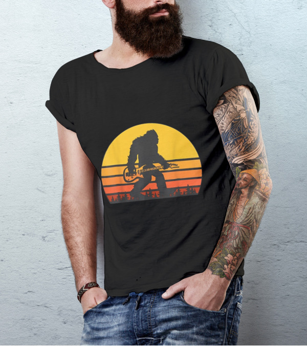 Bigfoot Silhouette Playing Guitar In Sunset Forest Scene T-Shirt