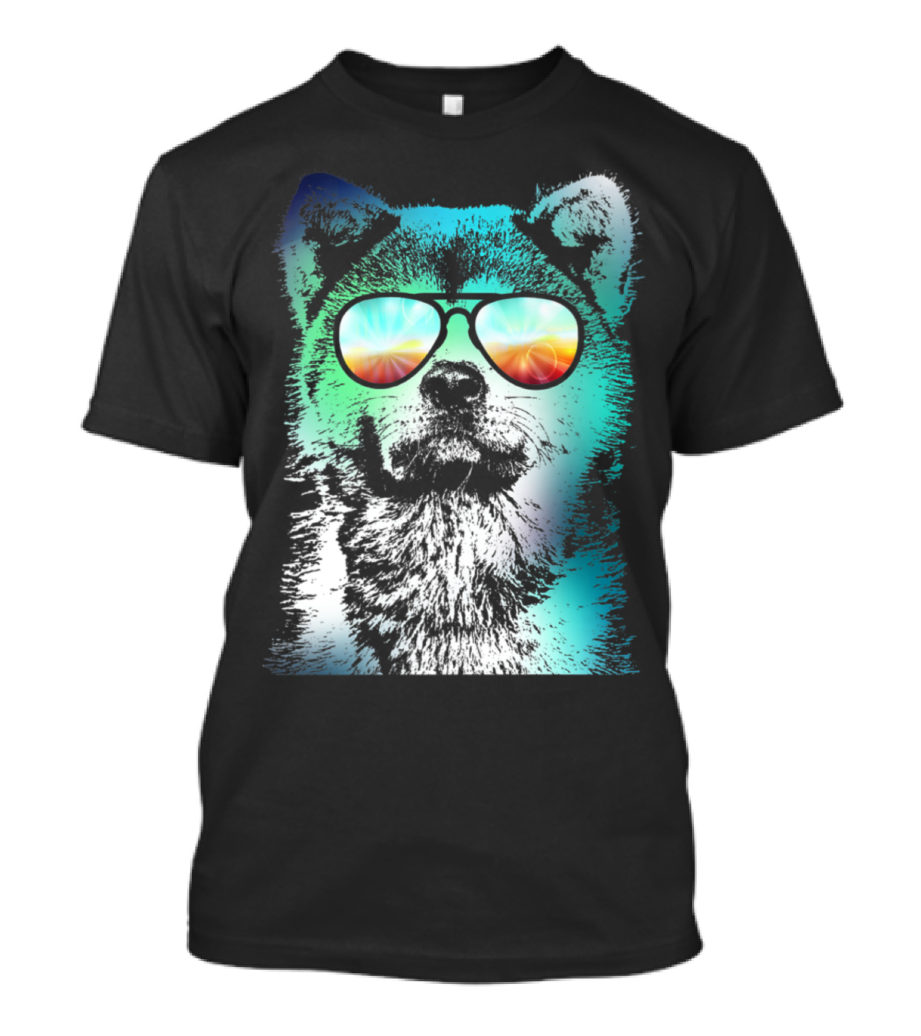 Rowdy Akita Neon Sunglasses With Psychedelic Burst Reflections T-Shirt