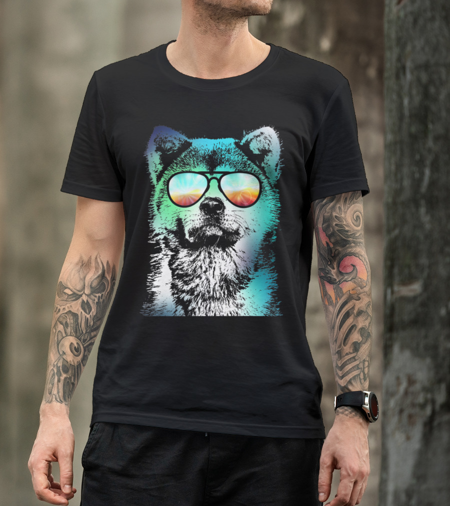 Rowdy Akita Neon Sunglasses With Psychedelic Burst Reflections T-Shirt