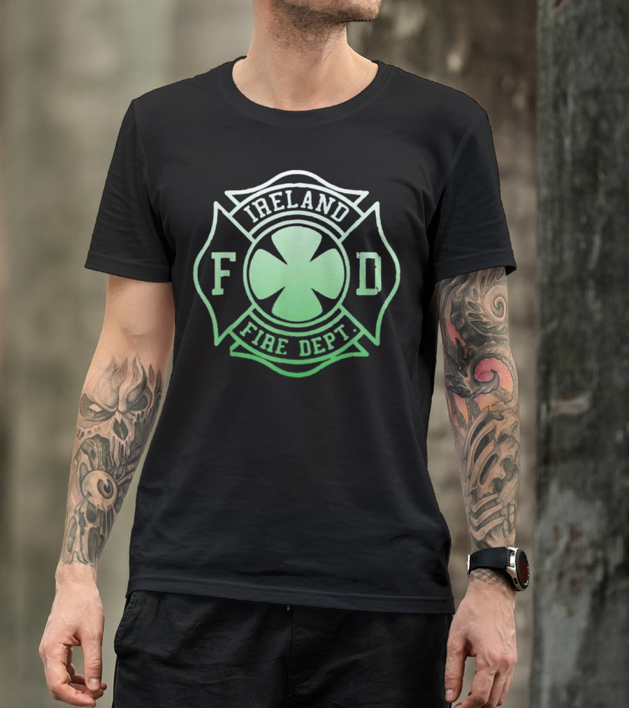 Ireland Fire Dept Irish Firefighter Shamrock Emblem T-Shirt