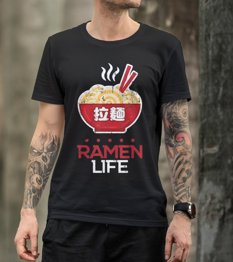 Ramen Life Noodle Bowl With Japanese Text And Chopsticks T-Shirt