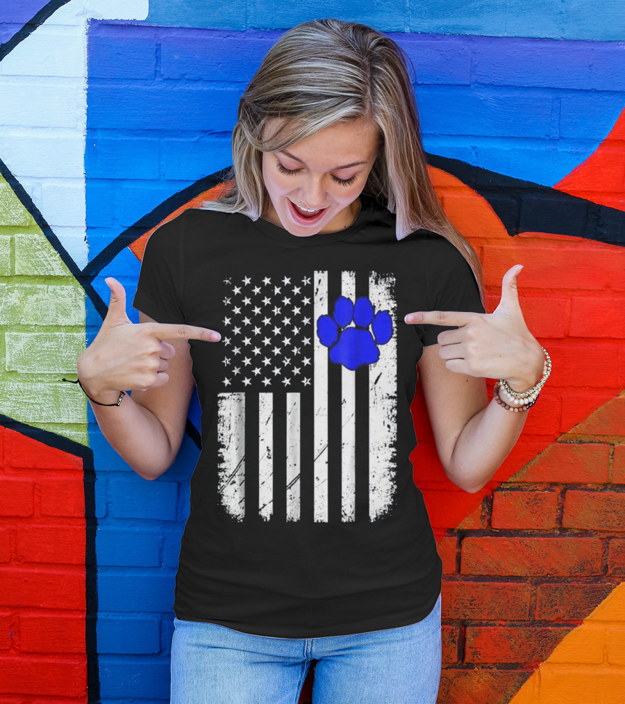 Patriotic Thin Blue Line K9 Paw Print American Flag T-Shirt