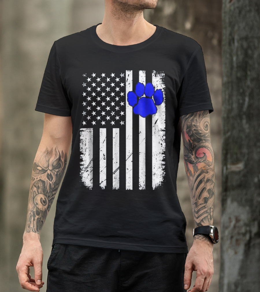 Patriotic Thin Blue Line K9 Paw Print American Flag T-Shirt