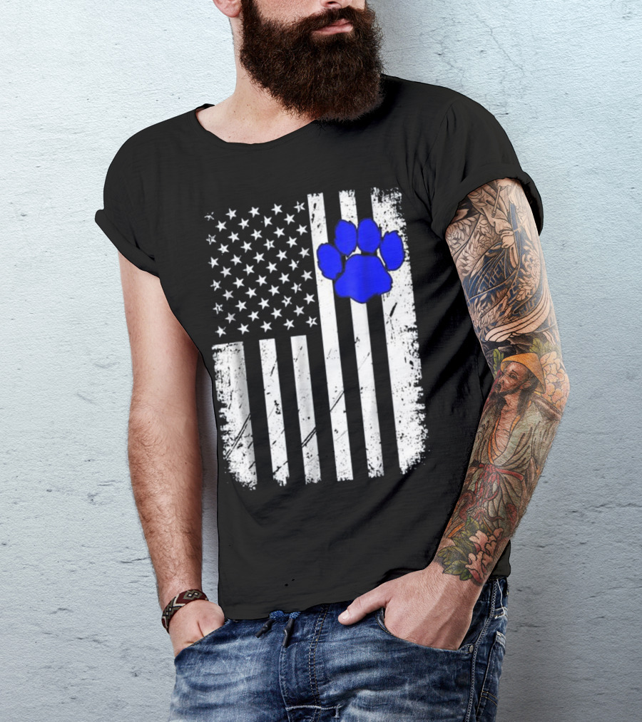 Patriotic Thin Blue Line K9 Paw Print American Flag T-Shirt
