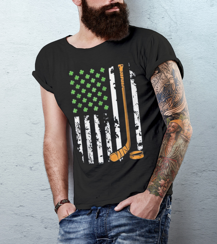Irish American Flag With Shamrocks And Hockey Sticks St Pat T-Shirt