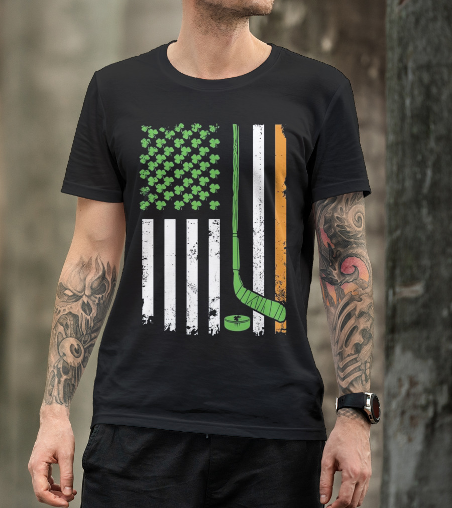 Irish American Flag Hockey Stick Shamrock T-Shirt